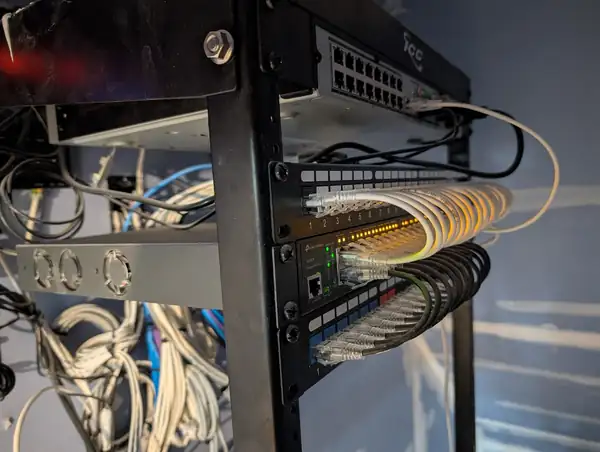 Neatly wired network rack with patch panel and switches