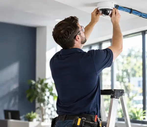 Technician installing a security camera